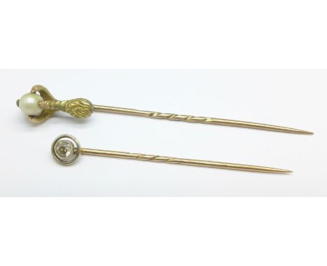 A 9ct gold and diamond stick pin, cased, and a 9ct gold, pearl and claw stick pin, 3.4g