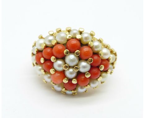 A yellow metal, coral and pearl ring, 7.3g, U