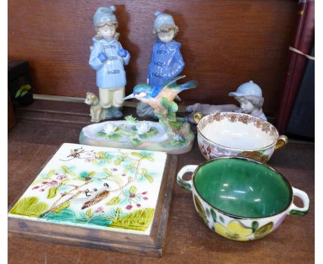 Three Nao figures, a Boch two handled bowl, a Maling bowl, a studio pottery tile and a figure of a kingfisher, kingfisher a/f
