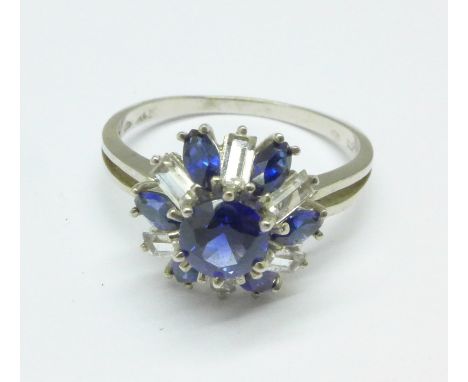 A 14ct gold, blue and white stone cluster ring, 3.7g, U