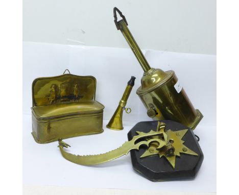 A roasting jack marked Warner, London, a brass wall mounted spice tin, a bracket and a small signalling horn