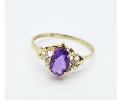 A 9ct gold, amethyst and diamond ring, 0.9g, O