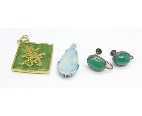 A white metal and opal doublet pendant, a pair of silver and jade earrings and a Chinese pendant