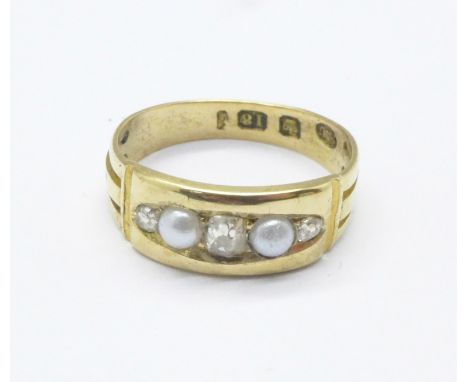 An 18ct gold, diamond and pearl ring, 3.1g, K