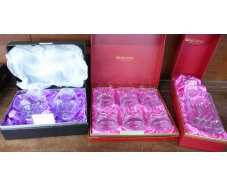 A Royale County crystal decanter, six whisky tumblers plus two brandy glasses, all boxed