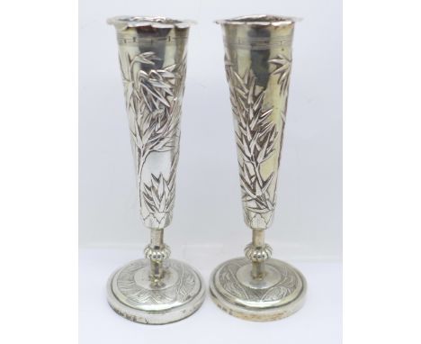 A pair of Chinese silver candlesticks, one a/f, 208g, 18cm