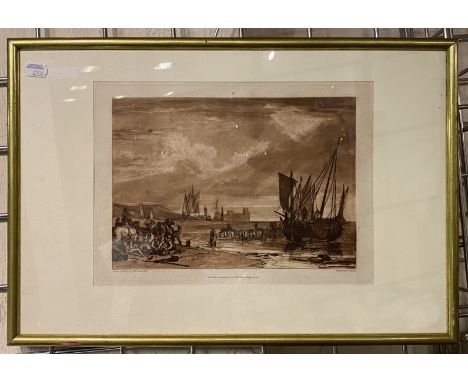 FRAMED ETCHING BY J.M.W TURNER ENGRAVED BY C.TURNER ''SCENE ON THE FRECNH COAST'' 29CM X 21.5CM - FRAMED 47CM X 32CM