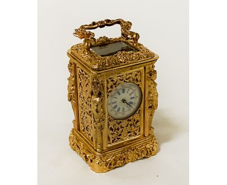 GILT BRONZE CAST CARRIAGE CLOCK - 7.3 CMS (H) WITH HANDLE LAYING FLAT