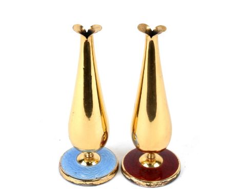 A pair of Danish silver gilt and enamel vases, 16cms (6.25ins) high.