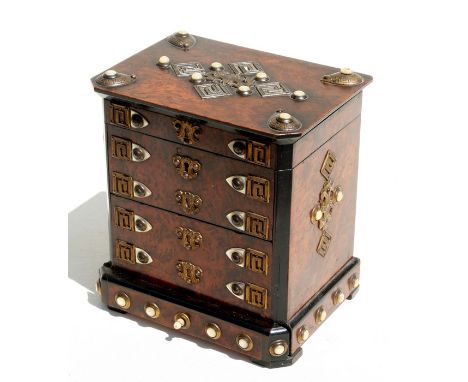 A 19th century French burr walnut cigar humidor in the form of a chest of drawers, with applied brass and mother of pearl dec