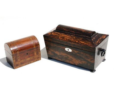 An early 19th century coromandel sarcophagus tea caddy, the interior with two tea boxes and recess for mixing bowl, 38cms (15
