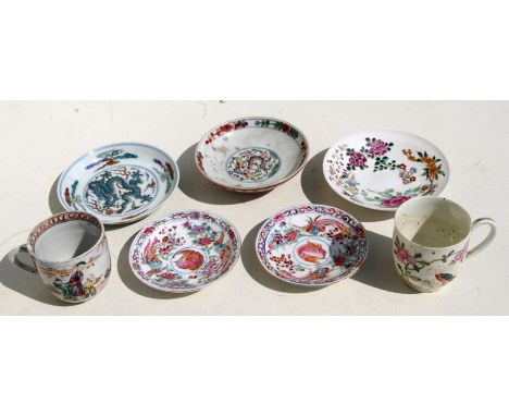 Two 19th century Chinese tea cups; together with a group of Chinese saucers and saucer dishes.Condition ReportChip to the rim