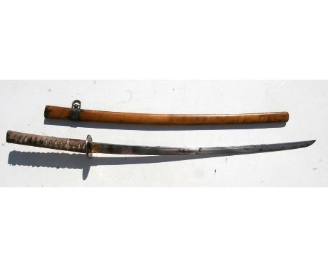 A Japanese WWII kutana with plain cast tsuba, housed in a wooden scabbard, 99cm (39ins) long. 