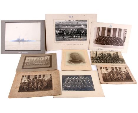 Ten large format military photographs mounted on card, including HMS Dreadnaught, Somerset Light Infantry, Sandhurst and the 