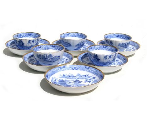 A group of five blue &amp; white tea bowls and six saucers, decorated with an Oriental scene, possibly Caughley.