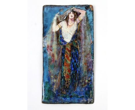 An Art Nouveau / Arts & Crafts enamel plaque decorated with a robed lady, 8 by 15cms (3.75 by 6ins).Condition ReportArea of d