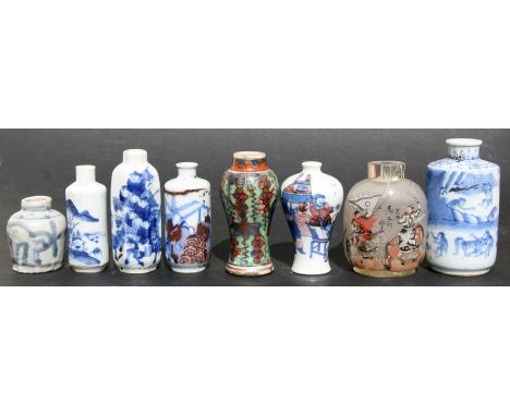 A group of Chinese miniature vases and snuff bottles to include porcelain meiping, enamel, reverse painted glass and clobbere