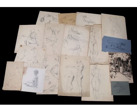 A small folio of antique pencil drawings to include nude female studies.