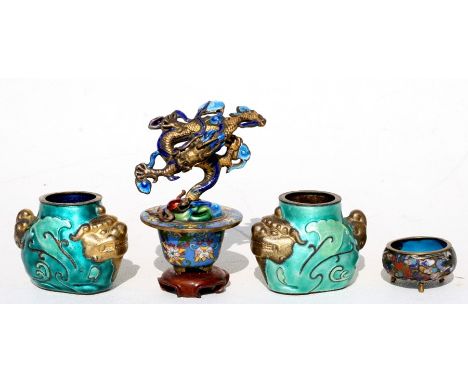 A pair of Chinese enamel vases, 5.5cms (2.1ins) high; together with a Chinese enamel dragon mounted in a cloisonne planter, 1