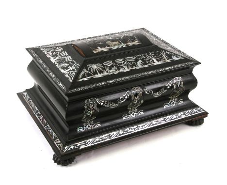 An early 19th century mother of pearl inlaid ebony sewing box with velvet lined fitted interior, 39cms (15.25ins) wide.Condit