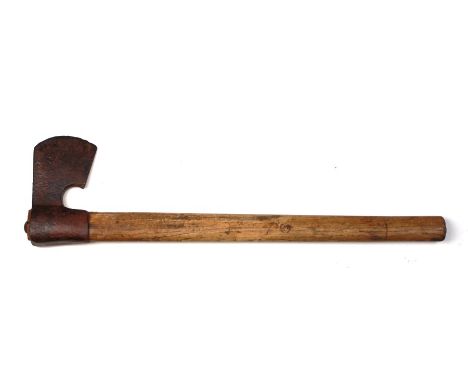 An antique iron axe on a wooden shaft. The axe head is 16cms (6.25ins) by 9cms (3.5ins)