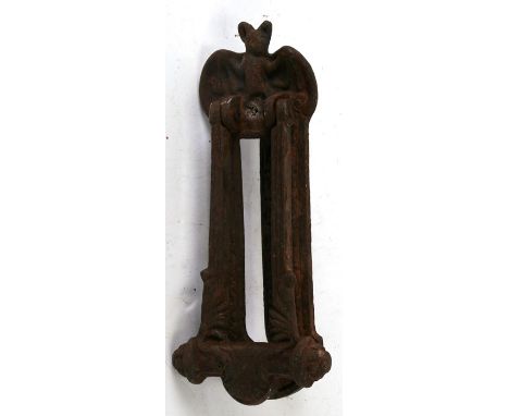 A late 19th/early 20th century Christopher Dresser design cast iron letterbox, the door knocker surmounted with a bat 23cm (9