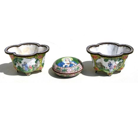 A small pair of Chinese enamel planters of lobed form, decorated with figures on a yellow ground, 10cms (4ins) wide; together