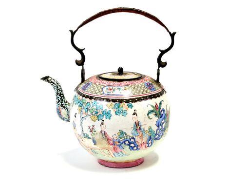 A Chinese enamel teapot of globular form, decorated figures in a garden (AF) 24cm (935ins) high Condition ReportHeavily resto