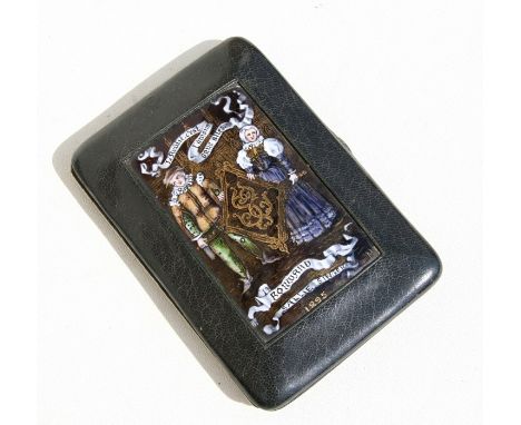 A Victorian green leather cheroot case with inset Limoges enamel panel decorated with figures, dated 1895 and initialled 'MJ'
