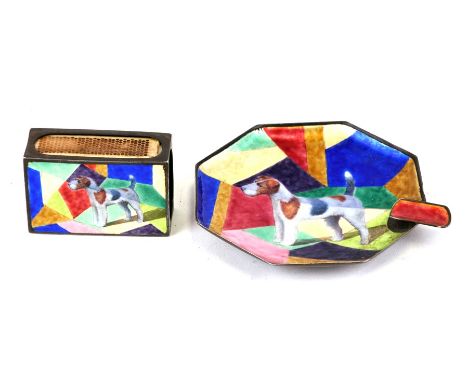 An Art Deco silver and multicoloured enamel ashtray decorated with a terrier, London import marks for 1928; together with a m