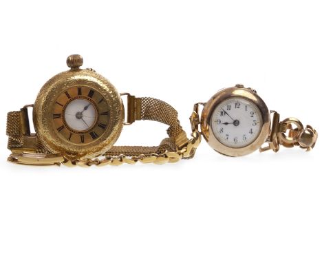 TWO LADY'S EARLY TWENTIETH CENTURY MANUAL WIND WRIST WATCHEScomprising one modified from a half hunter pocket watch, the roun