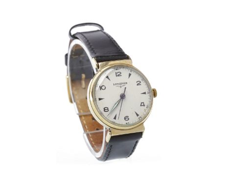 MID SIZE LONGINES MID TWENTIETH CENTURY NINE CARAT GOLD MANUAL WIND WRIST WATCHsigned 17 jewel movement, the round white dial