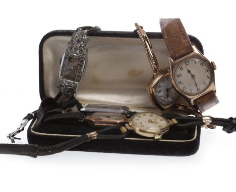 GROUP OF SIX EARLY TWENTIETH CENTURY WRIST WATCHESincluding a nine carat gold manual wind wrist watch on a brown strap, all l