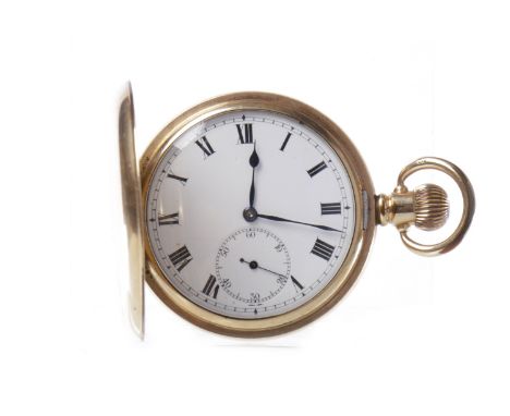 GOLD PLATED FULL HUNTER KEYLESS WIND POCKET WATCHthe round white enamel dial with Roman numerals in black, sunken subsidiary 