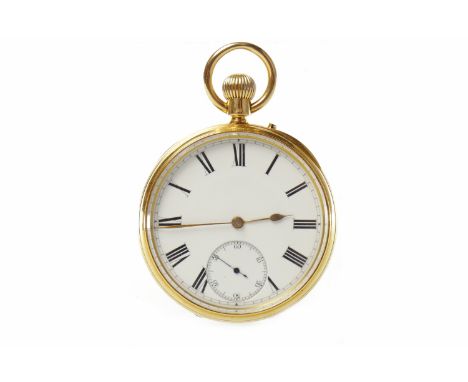 EIGHTEEN CARAT GOLD OPEN FACE KEYLESS WIND POCKET WATCHthe round white enamel dial with Roman numerals in black, subsidiary s