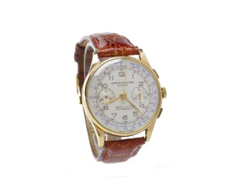 GENTLEMAN'S CHRONOGRAPHE SUISSE EIGHTEEN CARAT GOLD MANUAL WIND WRIST WATCHunsinged movement, the round dial with gold colour