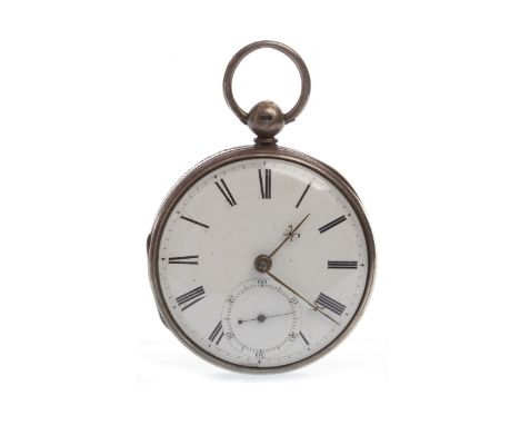 VICTORIAN SILVER OPEN FACE KEY WIND POCKET WATCHthe round white enamel dial with Roman numerals in black, subsidiary seconds 