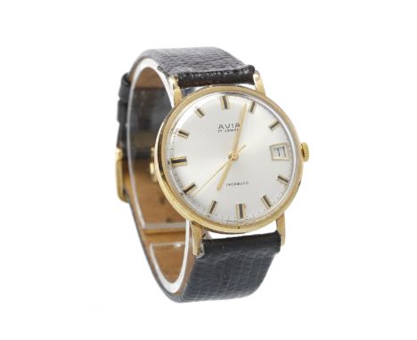 GENTLEMAN'S AVIA NINE CARAT GOLD MANUAL WIND WRIST WATCHunsigned 17 jewel movement, the round silver dial with applied black 