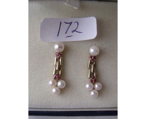 Pair gold mounted ruby & pearl earrings  