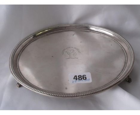 HEAVY GEORGIAN SALVER WITH  beaded rim the centre “Free for a blast”  over bracket feet 8” dia Lon 1780 by  IS  410g        