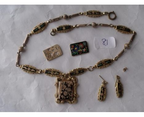 AN ANTIQUE GOLD & ENAMEL FANCY  necklace and earrings 23.5g inc     