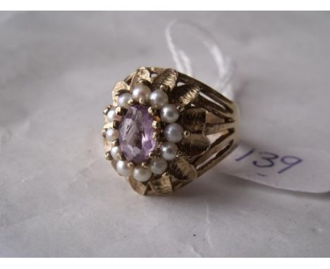 A fancy 9ct mounted amethyst & pearl  cluster ring 'K'        