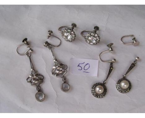 Pair of silver vintage moonstone drop  ear pendants and another pair of silver earrings   