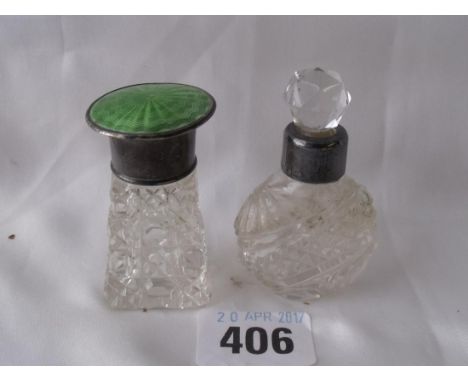 A cut glass scent bottle with green enamel  cover Chester also another      