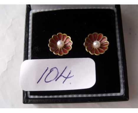 A pair of 9ct and red enamel flower  earrings        