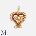 An Enamel and Pearl Heart Pendant in 15K yellow gold, with red enamel work and pearls in surround.
