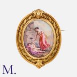 A Victorian Enamel Miniature Brooch in yellow gold, comprising a detailed enamel miniature of a