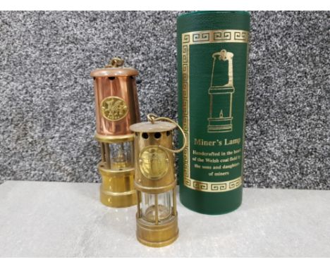 Welsh miners lamp in case and miniature lamp