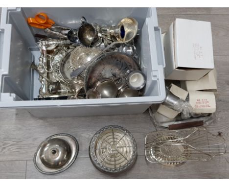 Silver plated ware to include a bottle holder, trays, flatware, butter dish, stainless steel tea set from Hong Kong etc