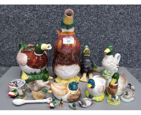 Duck related ceramic and glass ornaments, jugs, teapot, etc